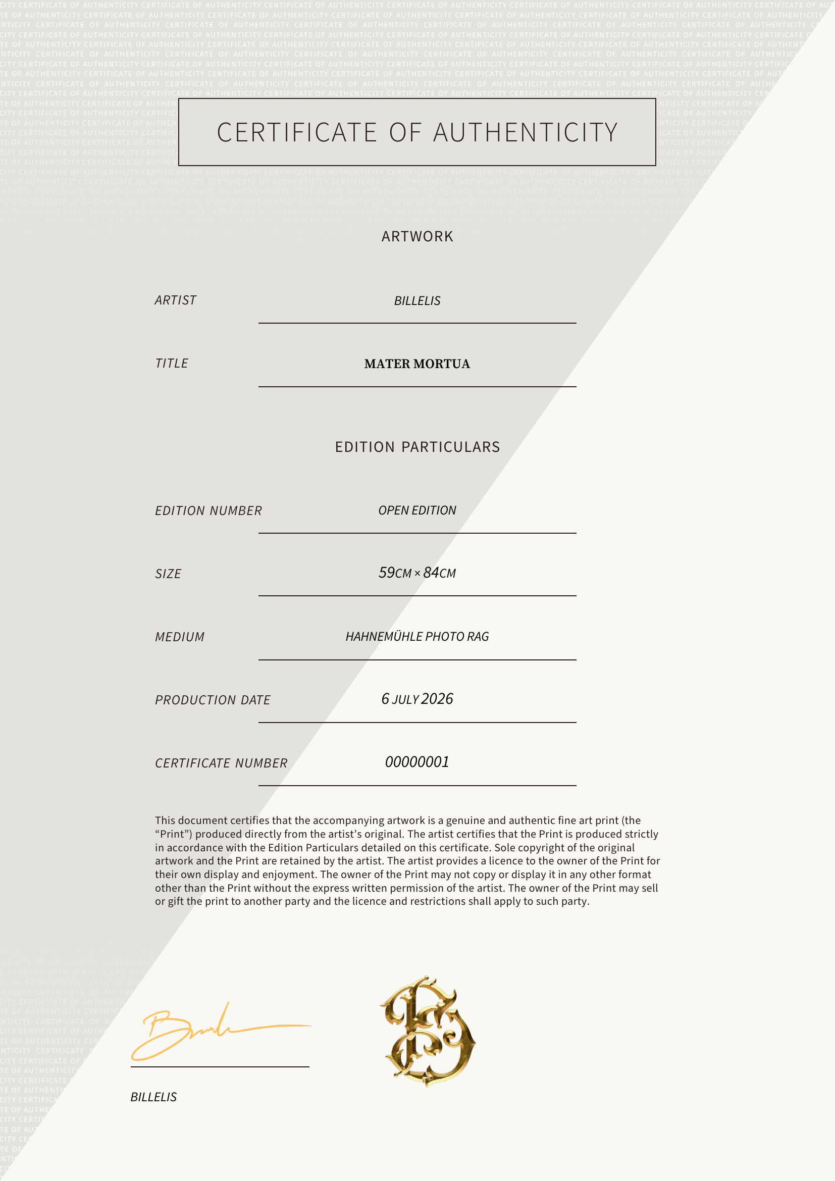 Mater Mortua — Certificate of Authenticity